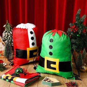 Santa and his elves, backpack and gift bags